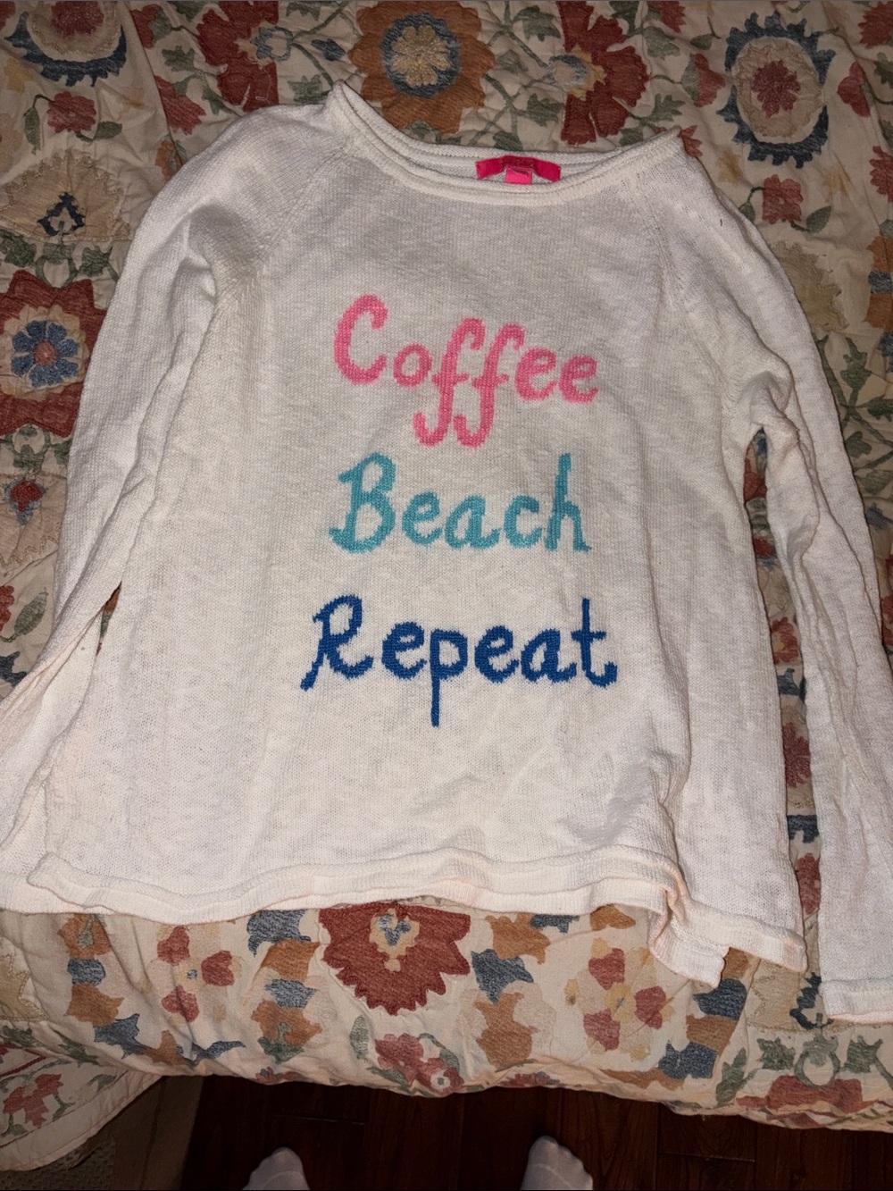 Lilly Pulitzer White Crewneck Sweater with Pink, Teal & Blue Script